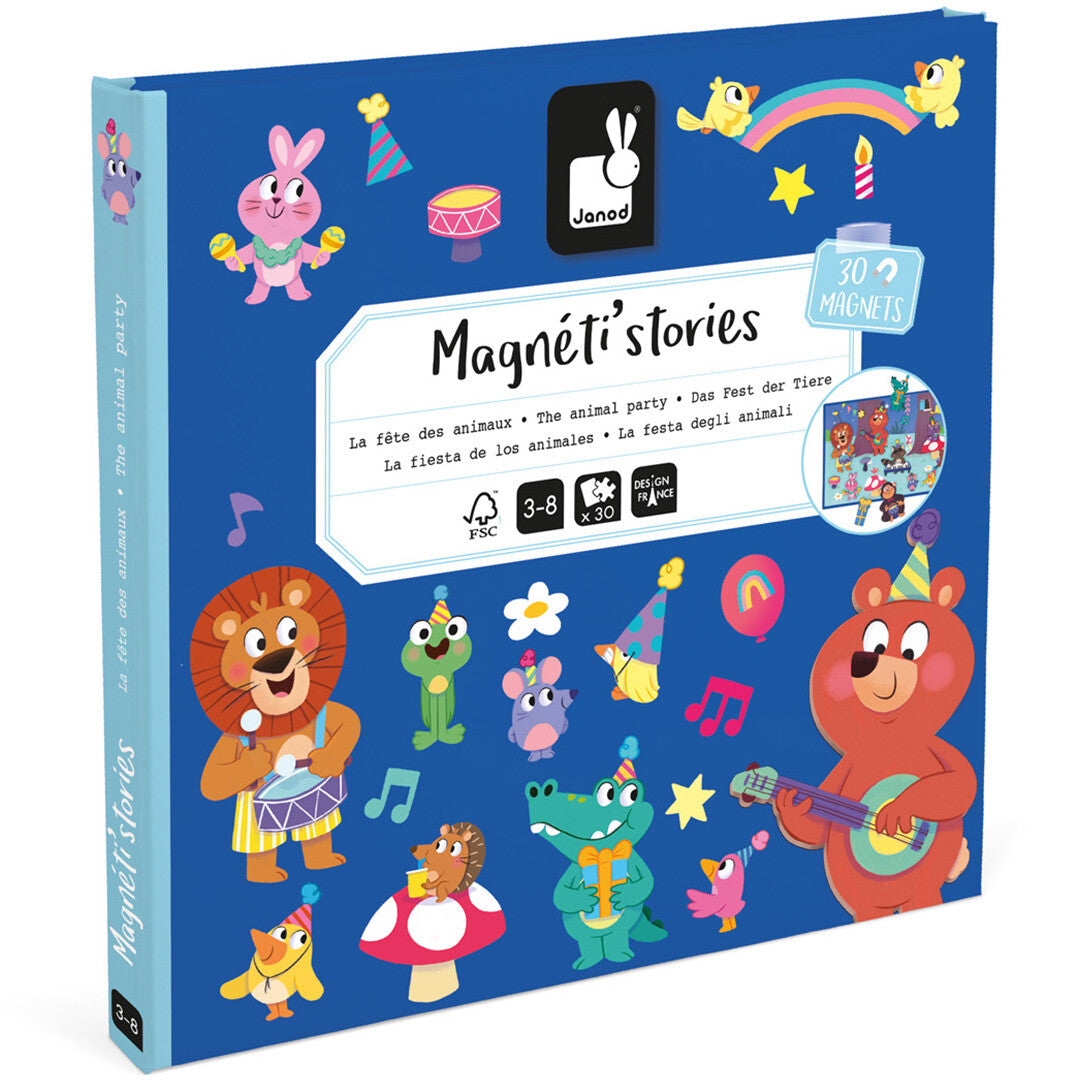 Janod magnetisch speelboek 'Magnéti'stories Dierenfeest' schuin van bovenaf gefotografeerd, met de voorkant en zijkant zichtbaar.