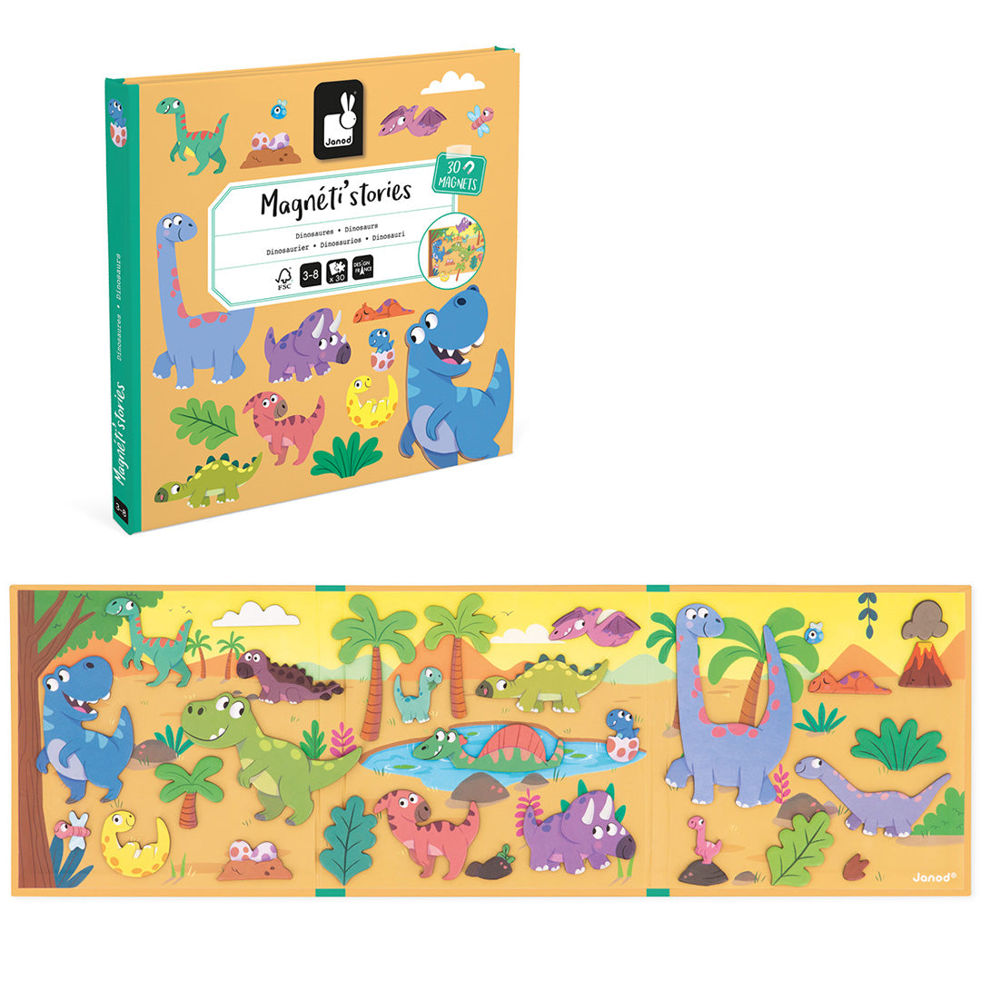 Janod Magnéti'stories dinosaurus magneetboek met de verpakking en de opengeklapte speelplaat vol met dinosaurusmagneten.
