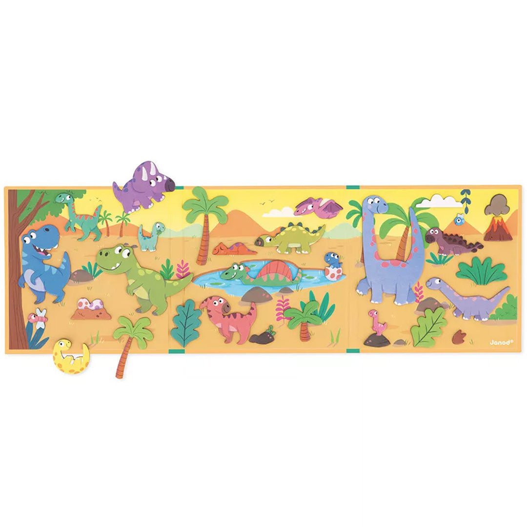 Janod Magnéti'stories dinosaurus magneetboek opengeklapt met alle dinosaurusmagneten op de speelplaat.