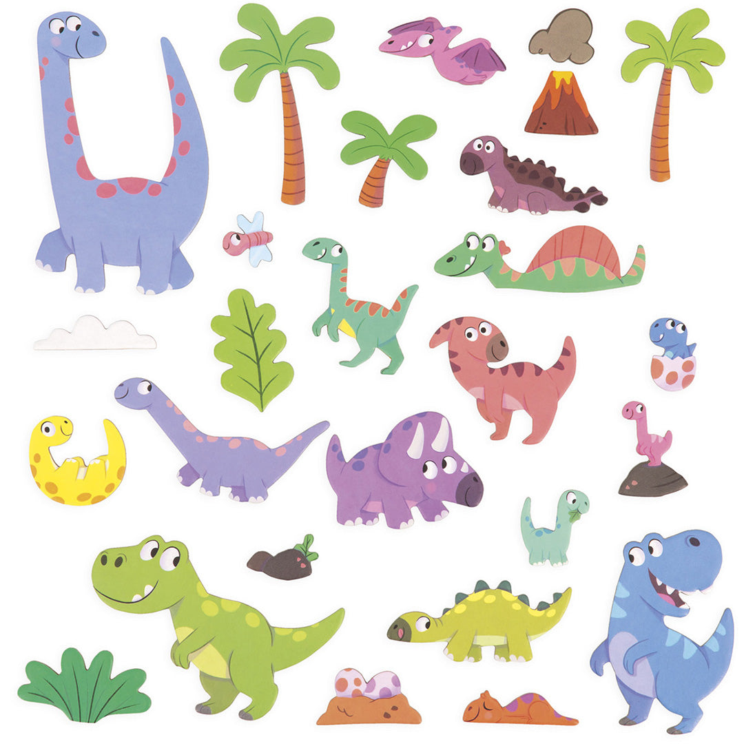 Alle 30 losse Janod Magnéti'stories dinosaurus magneten en landschapselementen op een witte achtergrond.