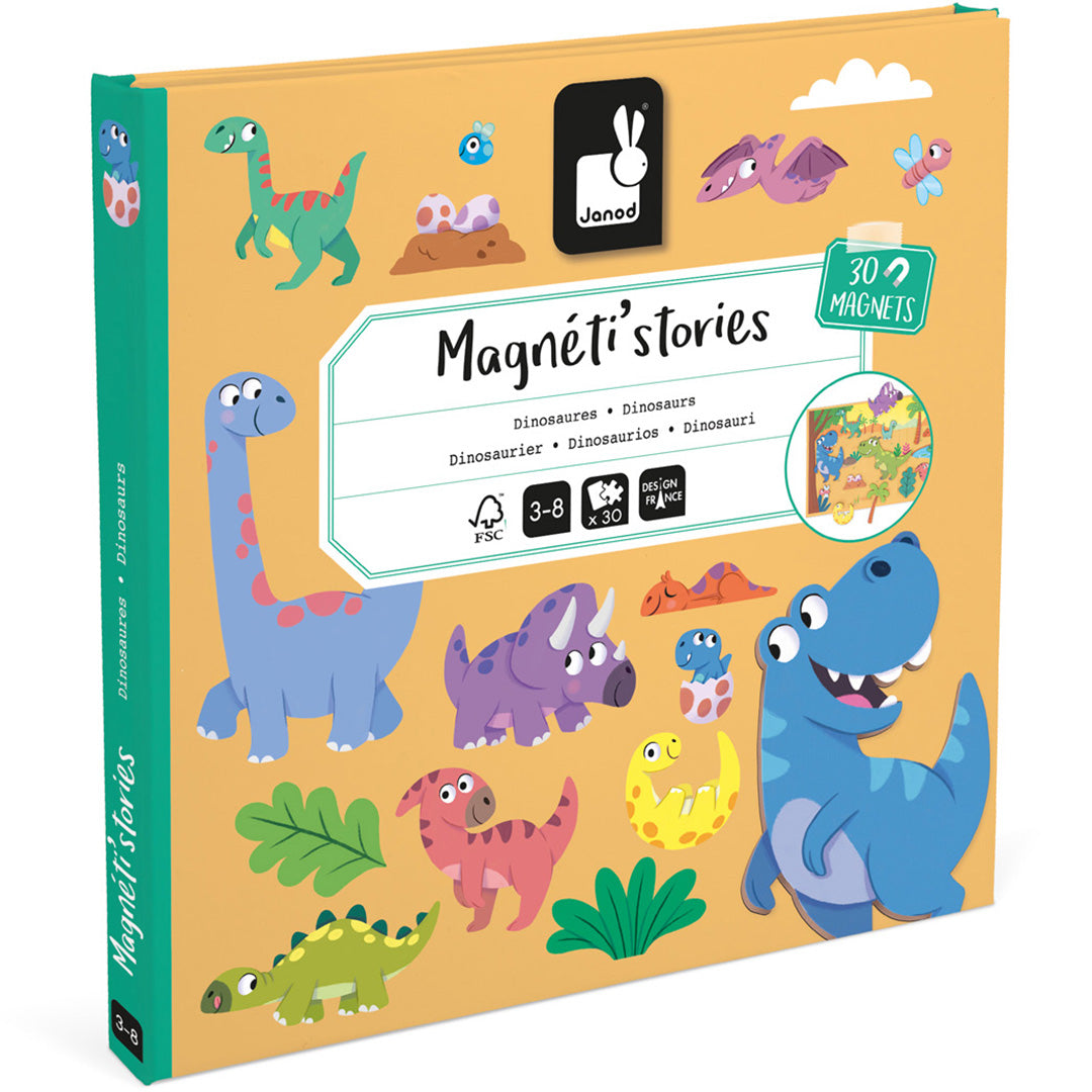De voorkant van de Janod Magnéti'stories dinosaurus magneetboek verpakking.