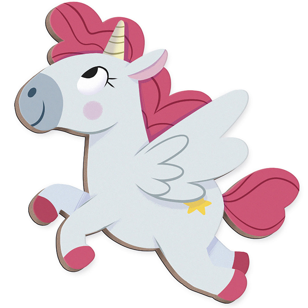 Een close-up van een Janod eenhoorn magneetstuk met roze manen en vleugels.
