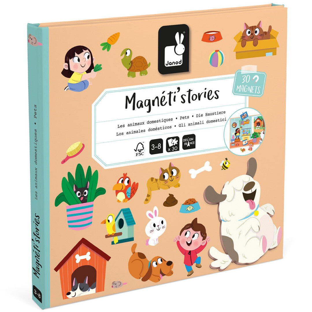 De gesloten verpakking van het Janod Magnéti'stories magneetboek met huisdierenthema.