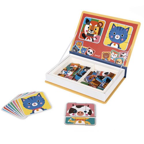 Het Janod Magnéti'book Mix & Match dieren magnetisch puzzelboek open met diverse dierenpuzzels en voorbeeldkaarten.