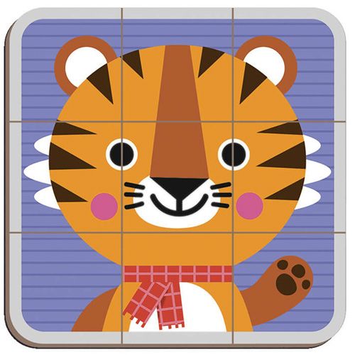 Een close-up van een complete tijgerkop, samengesteld uit negen magnetische puzzelstukjes.