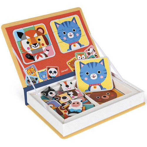 Het Janod Magnéti'book Mix & Match dieren magnetisch puzzelboek open met een kat en een vos/hond samengesteld op de magnetische borden.
