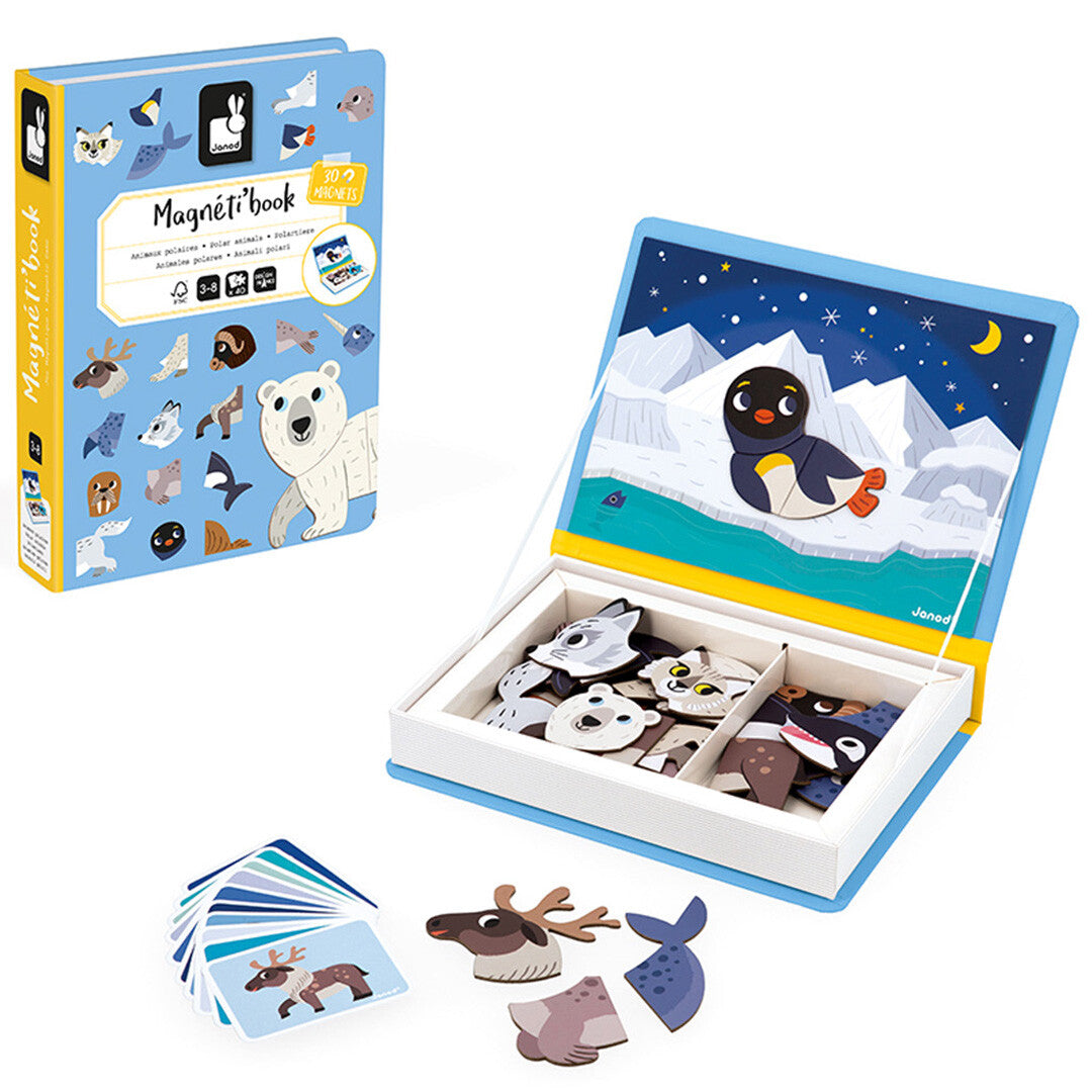 Janod Magnéti'book pooldieren magnetische puzzelset met gesloten boek, open boek met magneten, en losse kaarten en magneten.