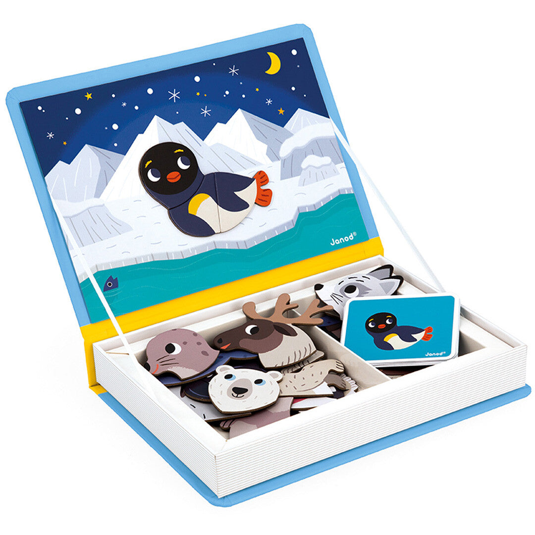 Janod Magnéti'book pooldieren magnetische puzzel open met een poollandschap en diverse diermagneten.