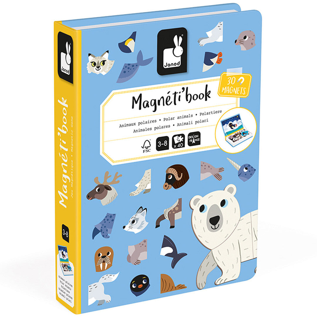 De gesloten Janod Magnéti'book pooldieren verpakking met illustraties van dieren en productinformatie.