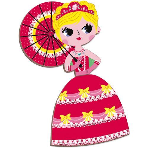 Een magnetische prinses aankleedpop met rode jurk en parasol.