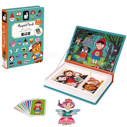 Janod magneetboek sprookjes open met magnetische figuren en voorbeeldkaarten.