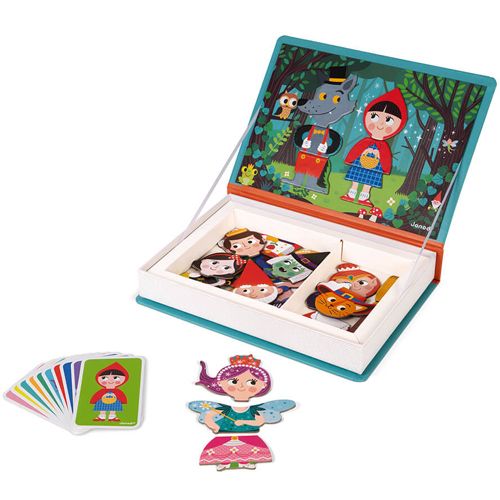 Janod magneetboek sprookjes open met magnetische figuren en voorbeeldkaarten.