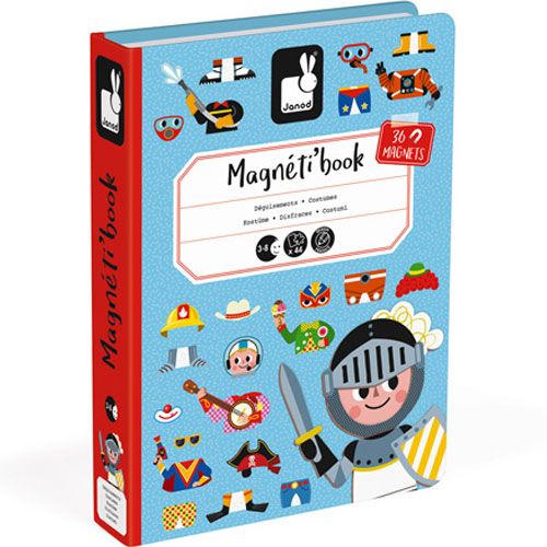 Verpakking van het Janod Magnéti'book verkleedfeest jongens, met een ridder en diverse verkleeditems.