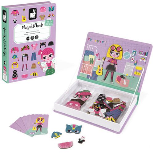 Janod Magnéti'book verkleedfeest voor meisjes, open en gesloten, met magnetische kledingstukken en voorbeeldkaarten.