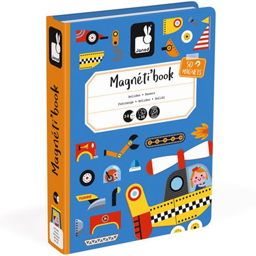 Gesloten Janod Magnéti'book voertuigen magneetboek met illustraties van voertuigonderdelen op de kaft.