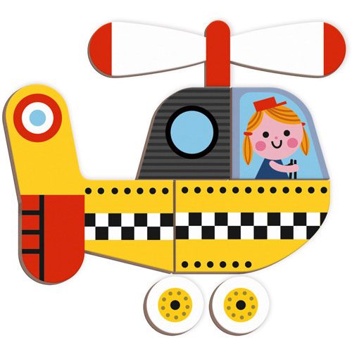 Gedetailleerde weergave van een geel-rood magnetisch helikopterstuk met een pilootje.