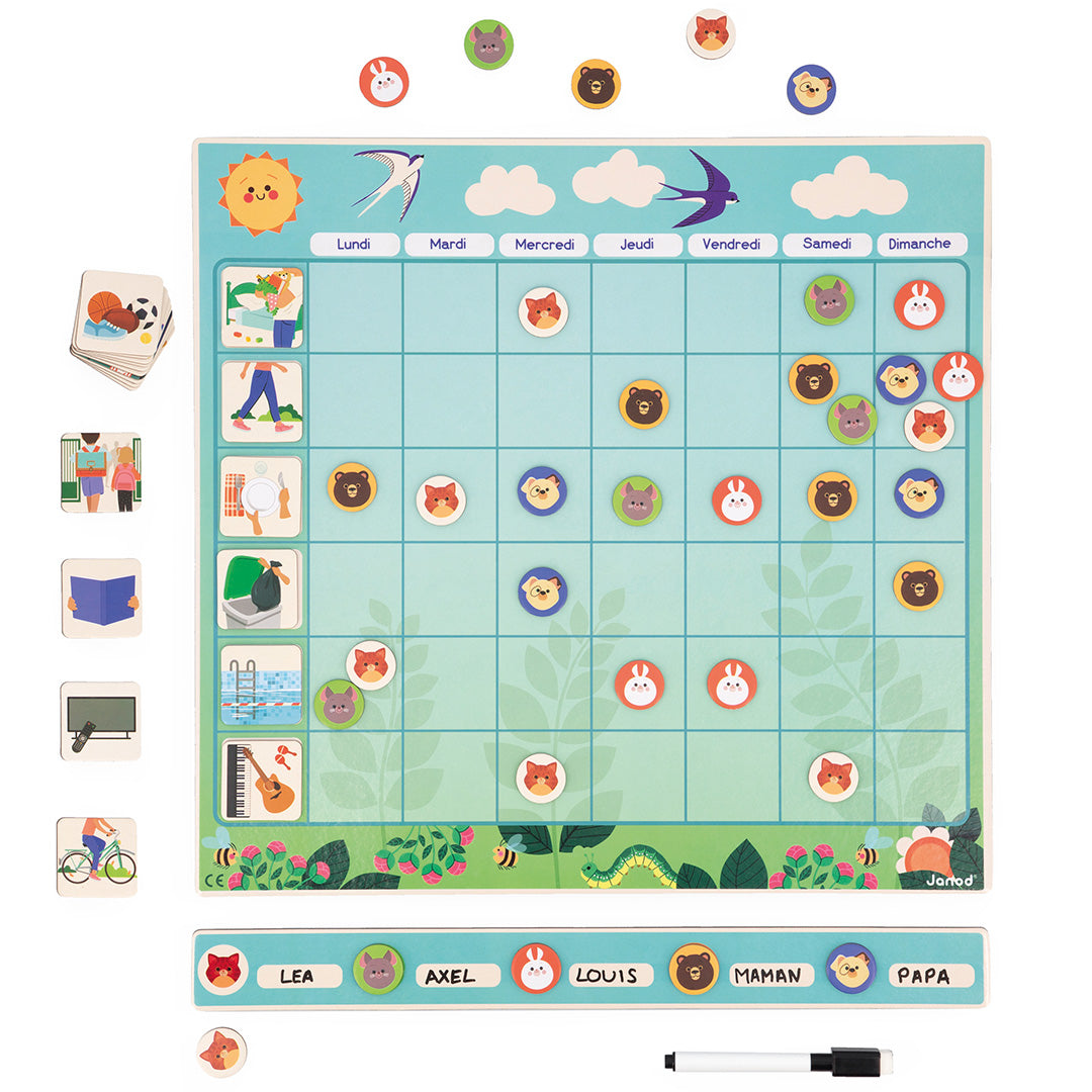 Janod magnetisch weekplanner speelgoed met een bord vol dagelijkse activiteiten en dierenmagneetjes.