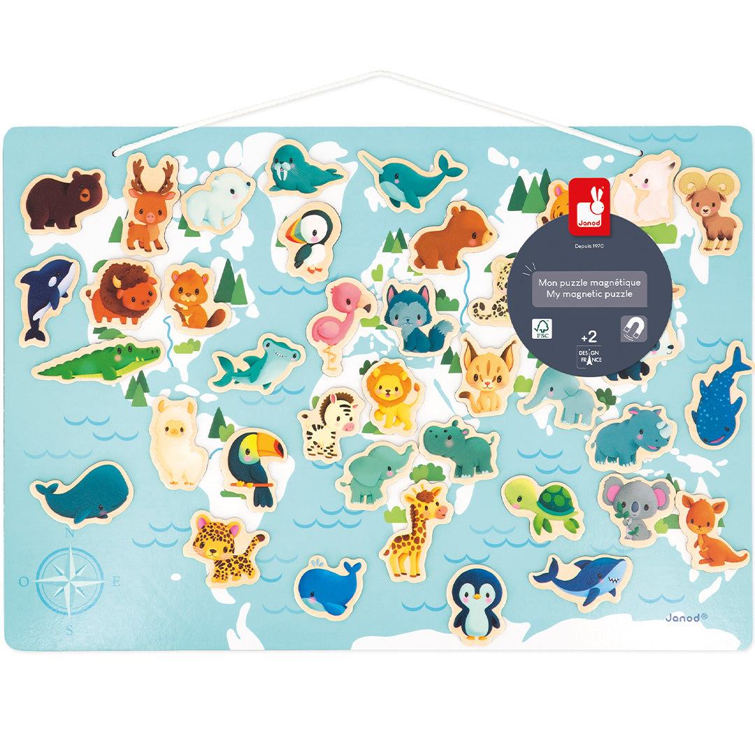 Janod magnetische houten puzzel van een wereldkaart met daarop veel kleurrijke dierenmagneetjes.