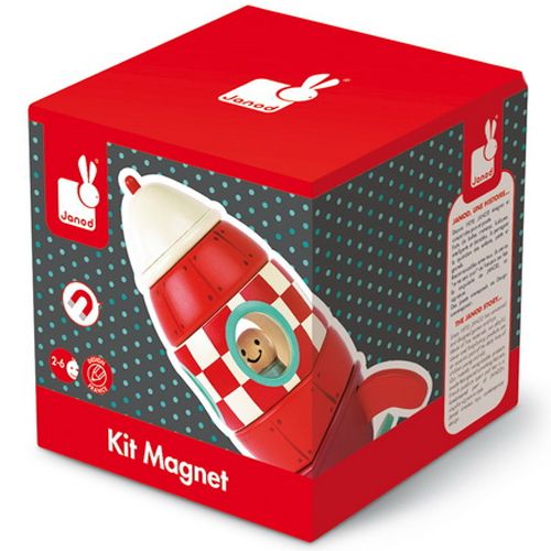 De rode verpakking van de Janod houten magneetpuzzel raket.