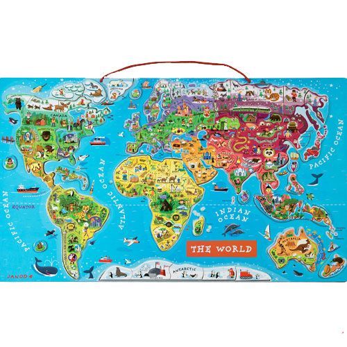 Janod houten magneetpuzzel van een kleurrijke wereldkaart met illustraties van dieren en bezienswaardigheden.