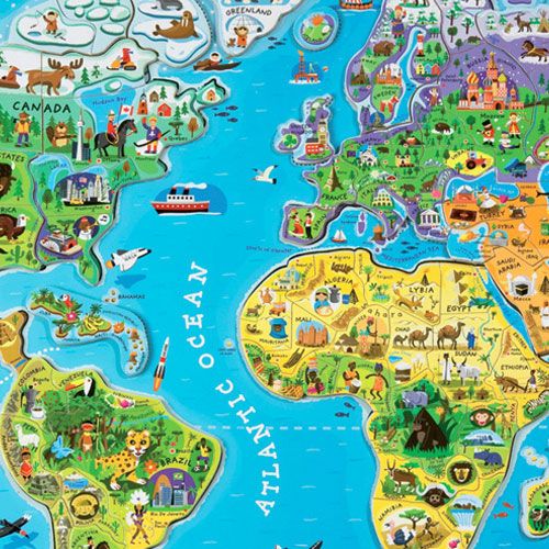 Detail van de Janod magneetpuzzel wereldkaart met Noord- en Zuid-Amerika en de Atlantische Oceaan.