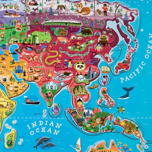 Detail van de Janod magneetpuzzel wereldkaart met Azië en de Indische en Stille Oceaan.