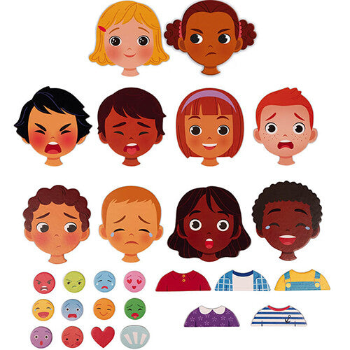 Collectie van magnetische gezichten met verschillende emoties, kledingstukken en emoji's van het Janod magneetspel.