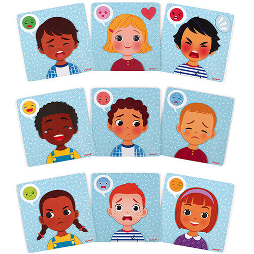 Negen kaarten van het Janod magneetspel emoties met kinderen die verschillende gevoelens uitdrukken.