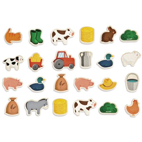 Een collectie van 24 Janod houten boerderijmagneten, waaronder diverse dieren, een tractor en andere boerderij-items.