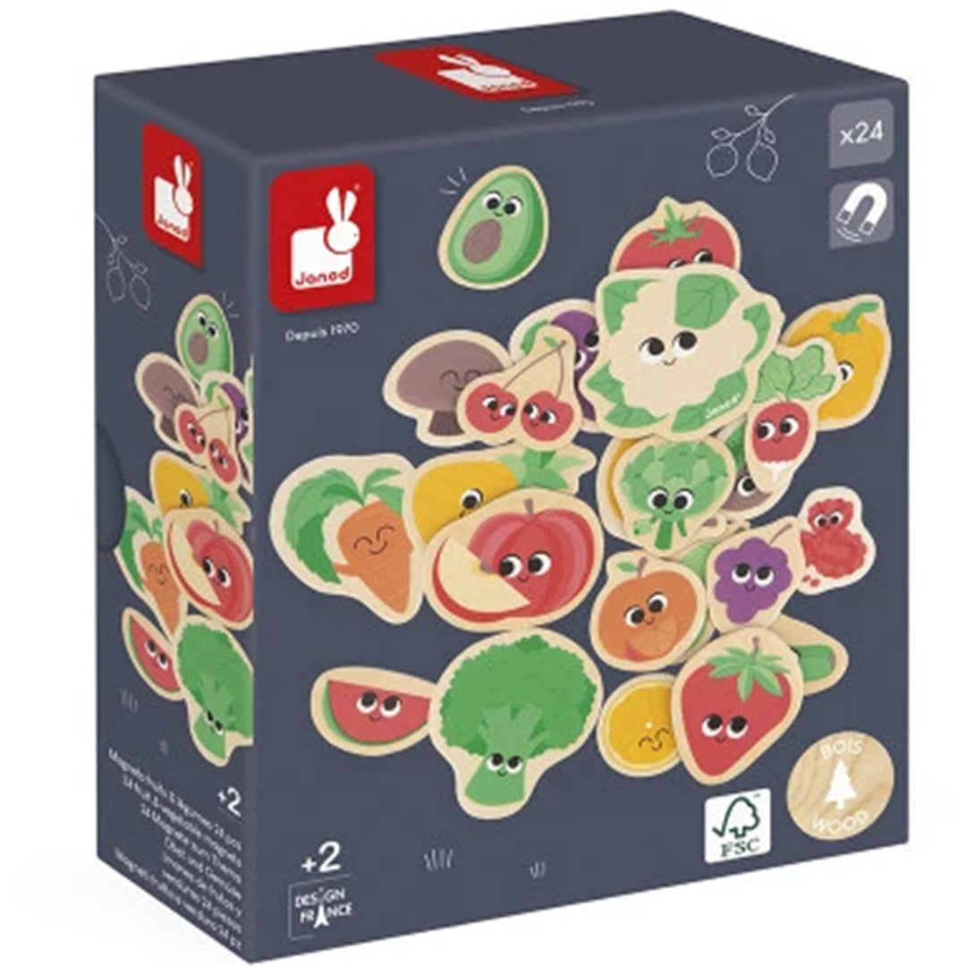 De donkerblauwe productverpakking van Janod houten magneten met illustraties van groenten en fruit.