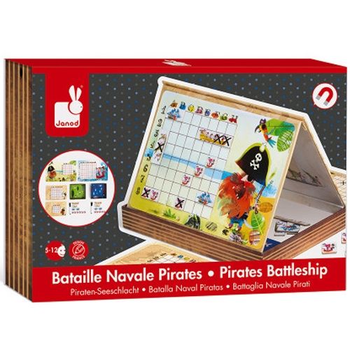 Janod magnetisch bordspel zeeslag piraten in de verpakking, met een piraat en een speelrooster zichtbaar.