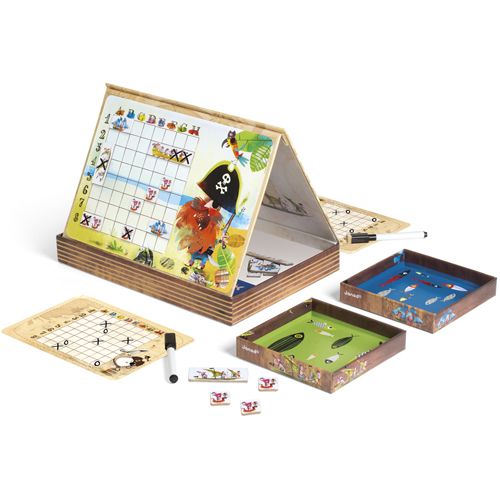 Janod magnetisch bordspel zeeslag piraten opgesteld, met het speelbord, twee bakjes en een marker.