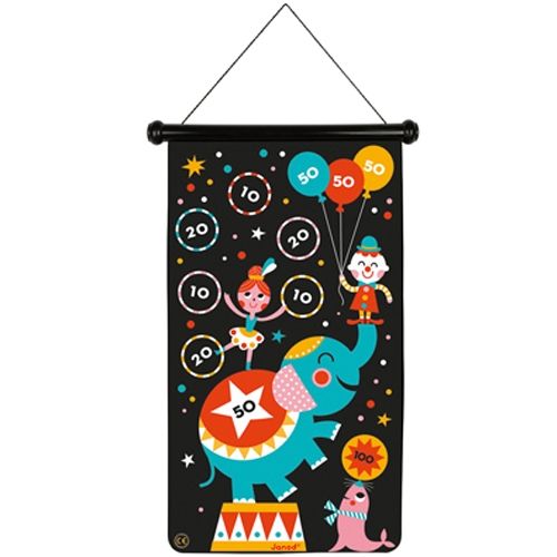 Janod magnetisch dartspel met een circusafbeelding van een olifant, een meisje en een zeehond.