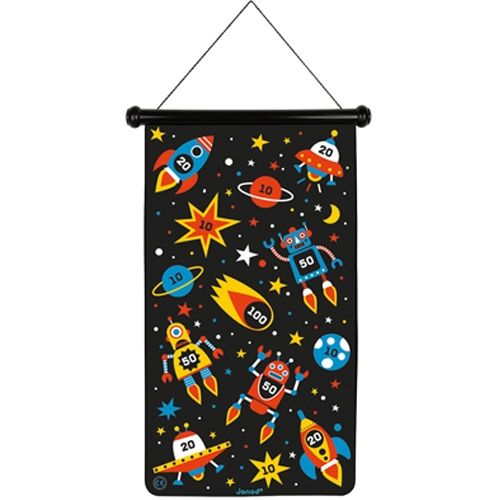 Janod magnetisch dartspel met een ruimte- en robotthema op de achterkant van het dartbord.