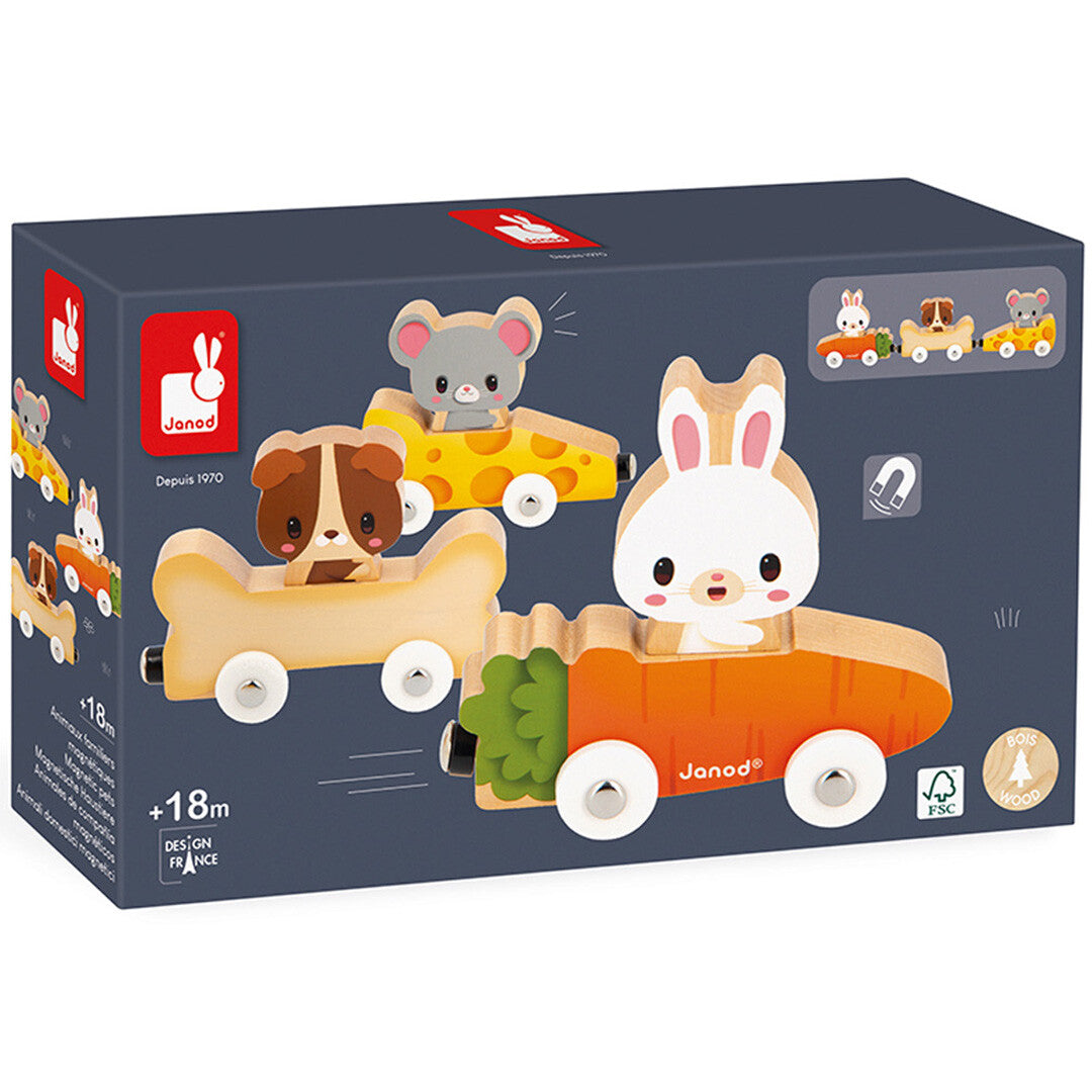 Verpakking van de Janod magnetische huisdieren speelgoedtrein met een muis, hond en konijn.