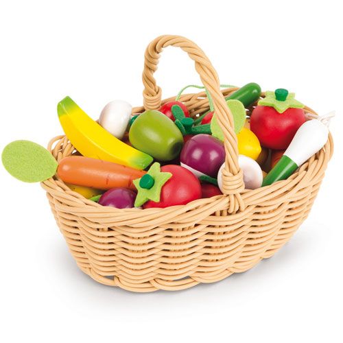 Janod speelgoedmandje gevuld met diverse houten fruit en groenten.
