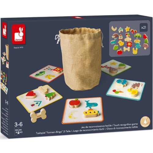 Janod verpakking van het tastspel 'Vormen Voelen' met een jute zak en speelborden.
