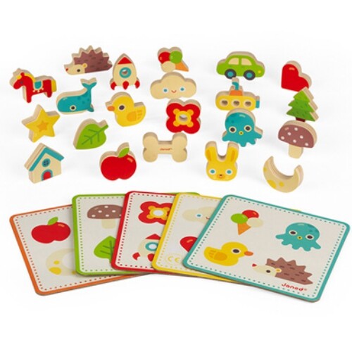 Janod collectie van houten vormen en bijbehorende speelborden voor het tastspel.