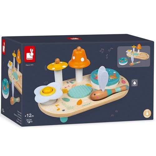 Verpakking van de Janod houten muziektafel pure met een afbeelding van het speelgoed.