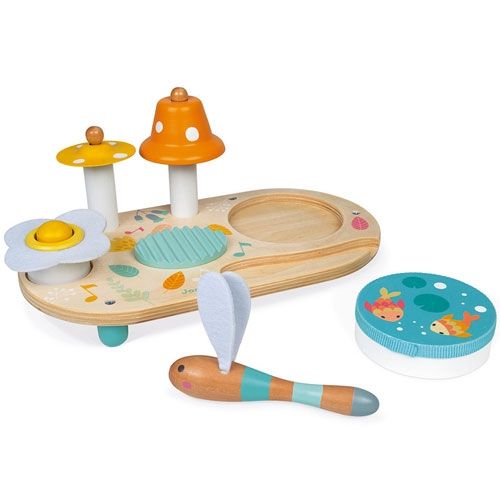 Janod houten muziektafel pure met de libel-mallet en de trommel los van het speelbord.