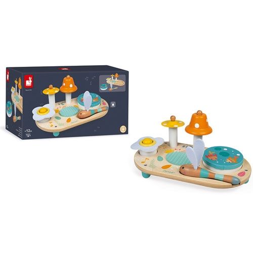 Janod houten muziektafel pure met de productverpakking op de achtergrond.