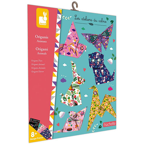 Janod origami dieren knutselset verpakking met voorbeelden van gevouwen dieren.