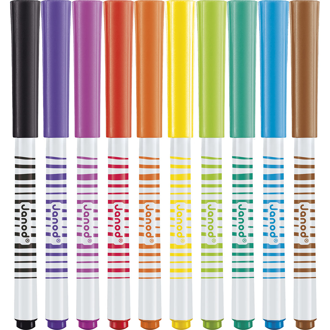 Een collectie van 10 Janod penseelstiften in diverse kleuren, staand met de doppen erop.