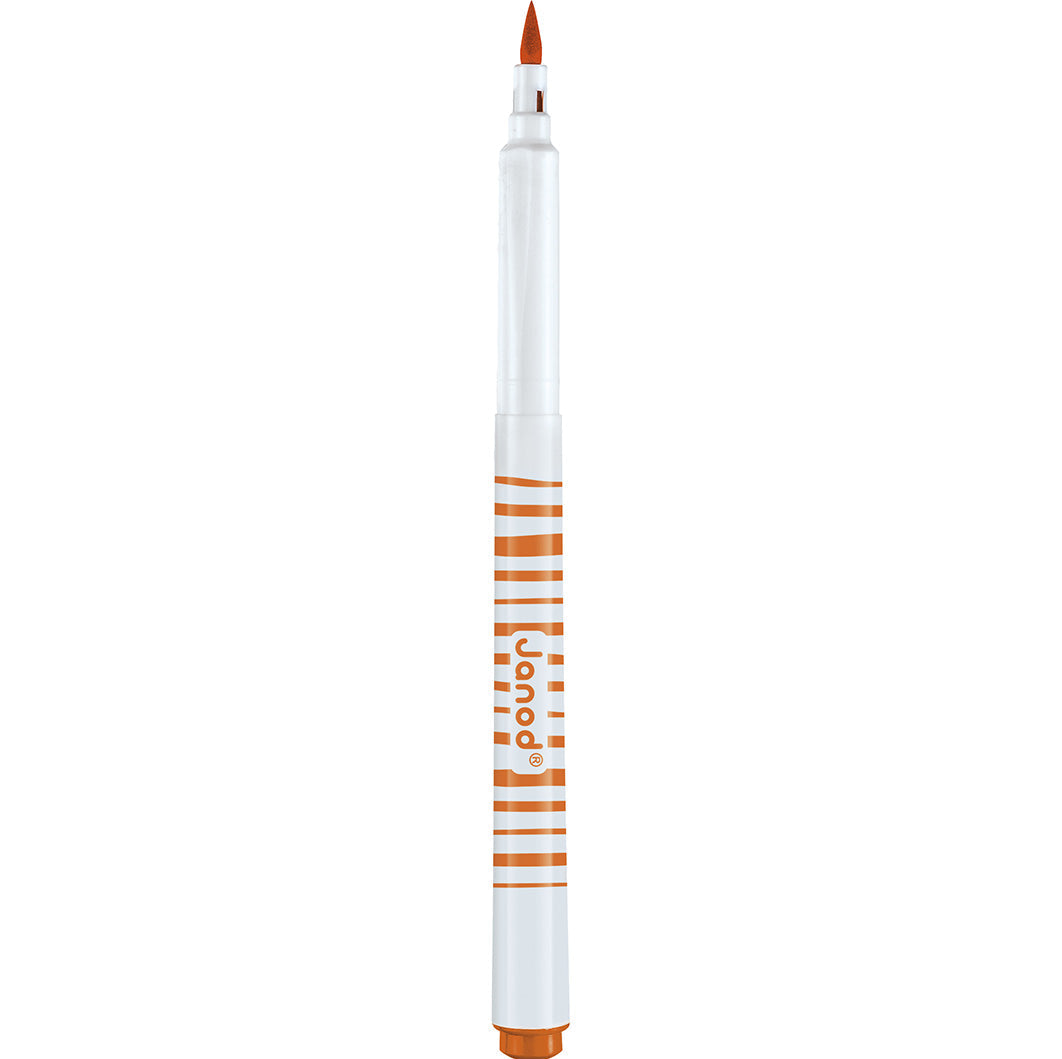 Een oranje Janod penseelstift met gestreept patroon, de dop is eraf en de kwastpunt is zichtbaar.