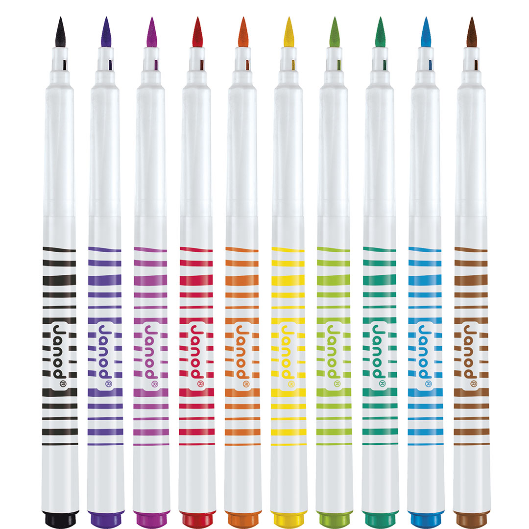 Een collectie van 10 Janod penseelstiften in diverse kleuren, staand met de doppen eraf en de kwastpunten zichtbaar.