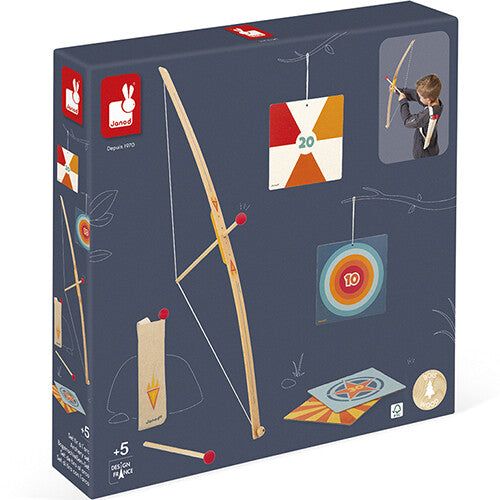 De donkerblauwe productverpakking van de Janod houten pijlen en boog speelset.