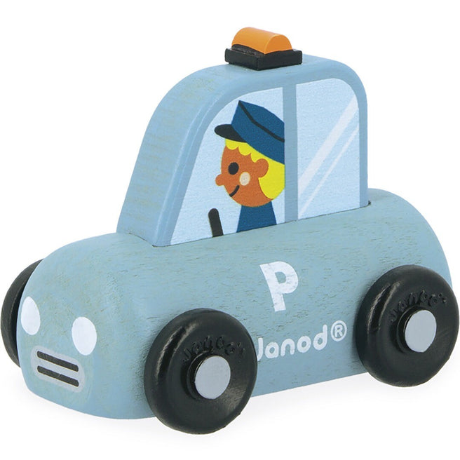 Janod houten speelgoed politieauto met een agent en oranje zwaailicht.