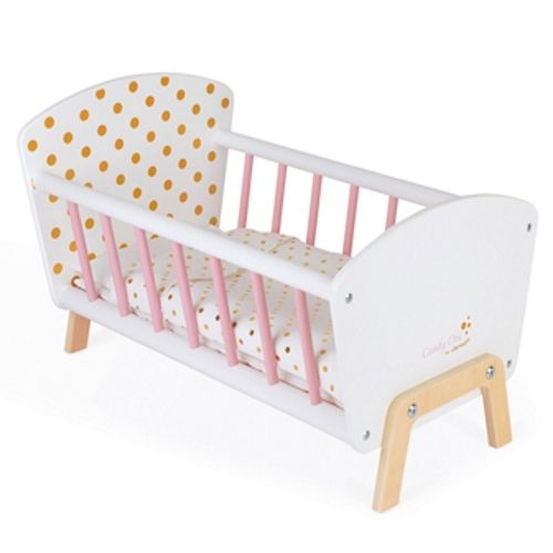 Janod wit houten poppenbed met roze spijlen en gouden stippen op de hoofd- en voeteneinden.