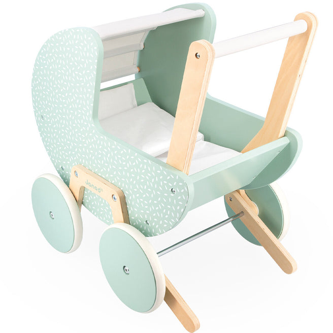 Janod houten poppenwagen zen in mintgroen met wit patroon en stoffen kap.