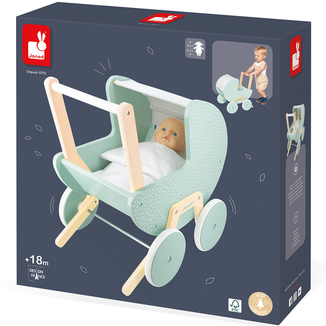 De productverpakking van de Janod houten poppenwagen zen.